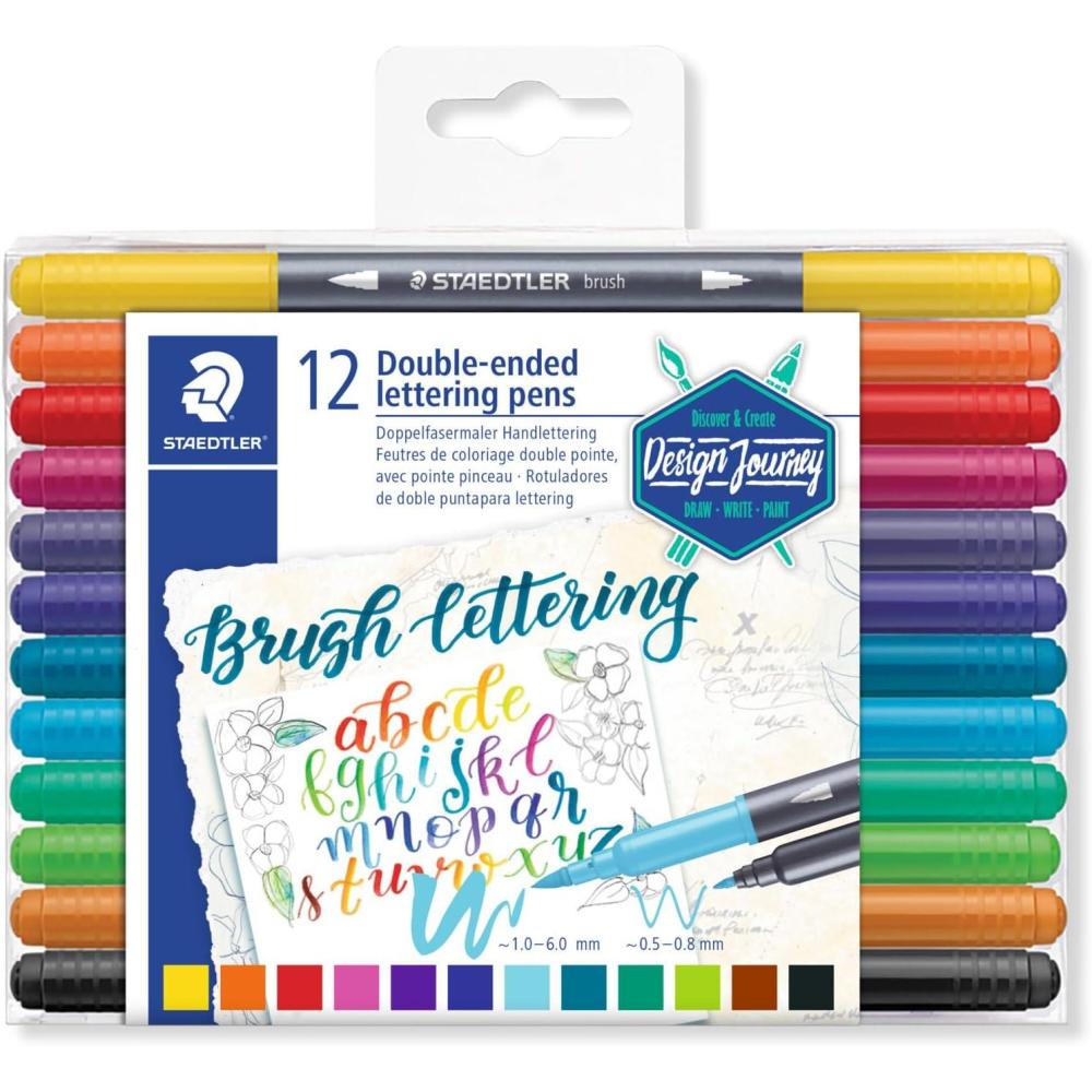 Staedtler Double-ended Brush Marker Brush Letter Duo, Creative Lettering, Flexible and Fine Tip, Blendable Ink, Set of 12 Assorted Colors, 3004TB12A6(Modern)