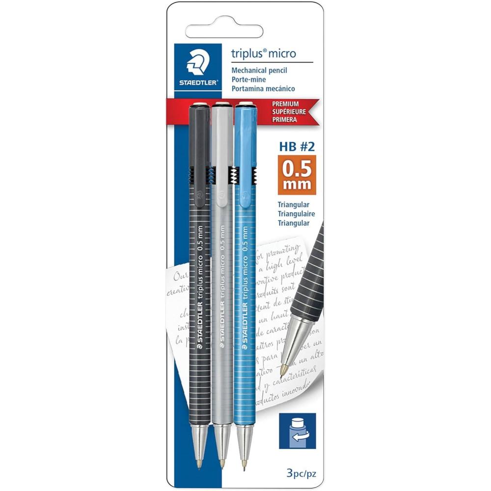 STAEDTLER Triplus Micro Mechanical Pencils (#2) 0.5mm lead, Retractable with Twist Eraser, Ergonomic Triangular Grip for Writing, Drawing & Drafting, 3-Pack(3)