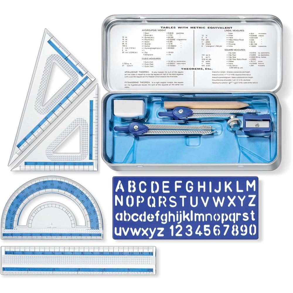 STAEDTLER School Kit Math Geometry Set – 10-Piece Compass, Protractor & Ruler Kit with Flip Open Storage Box – Clear Measuring Tools – Student Drawing Supplies(10 Piece Set (Metal Tin))